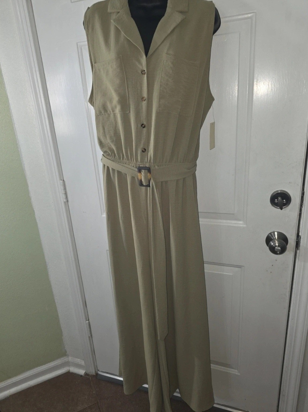 Sleeveless Olive Belted Maxi Dress by